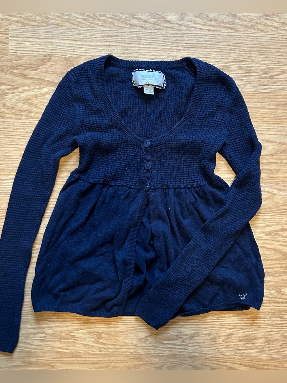 American Eagle Y2K Navy Blue Waffle Knit Babydoll Henley Top Medium